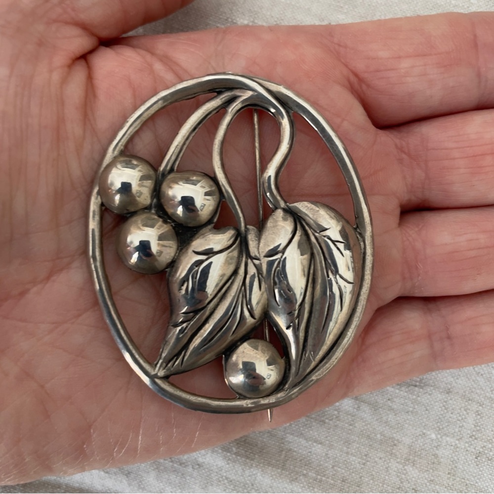 Vintage Sterling Silver Pin Brooch Pin Art Deco 1940s Cherry Berry Leaves